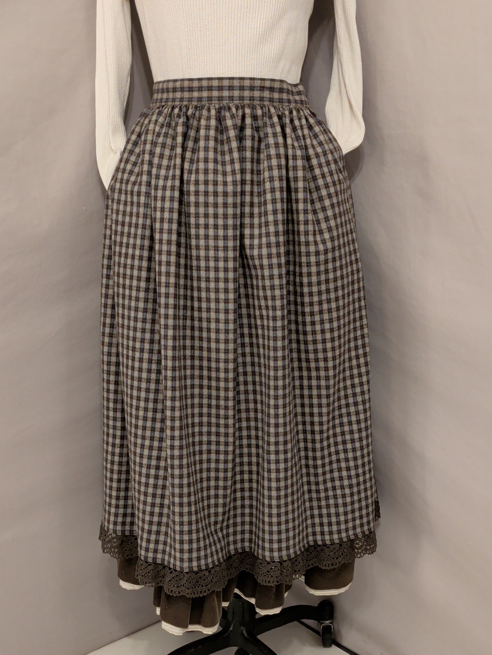 Vintage Skirt Brown Plaid Layered 33" Long Midi Short Maxi w Under Ruffle +
